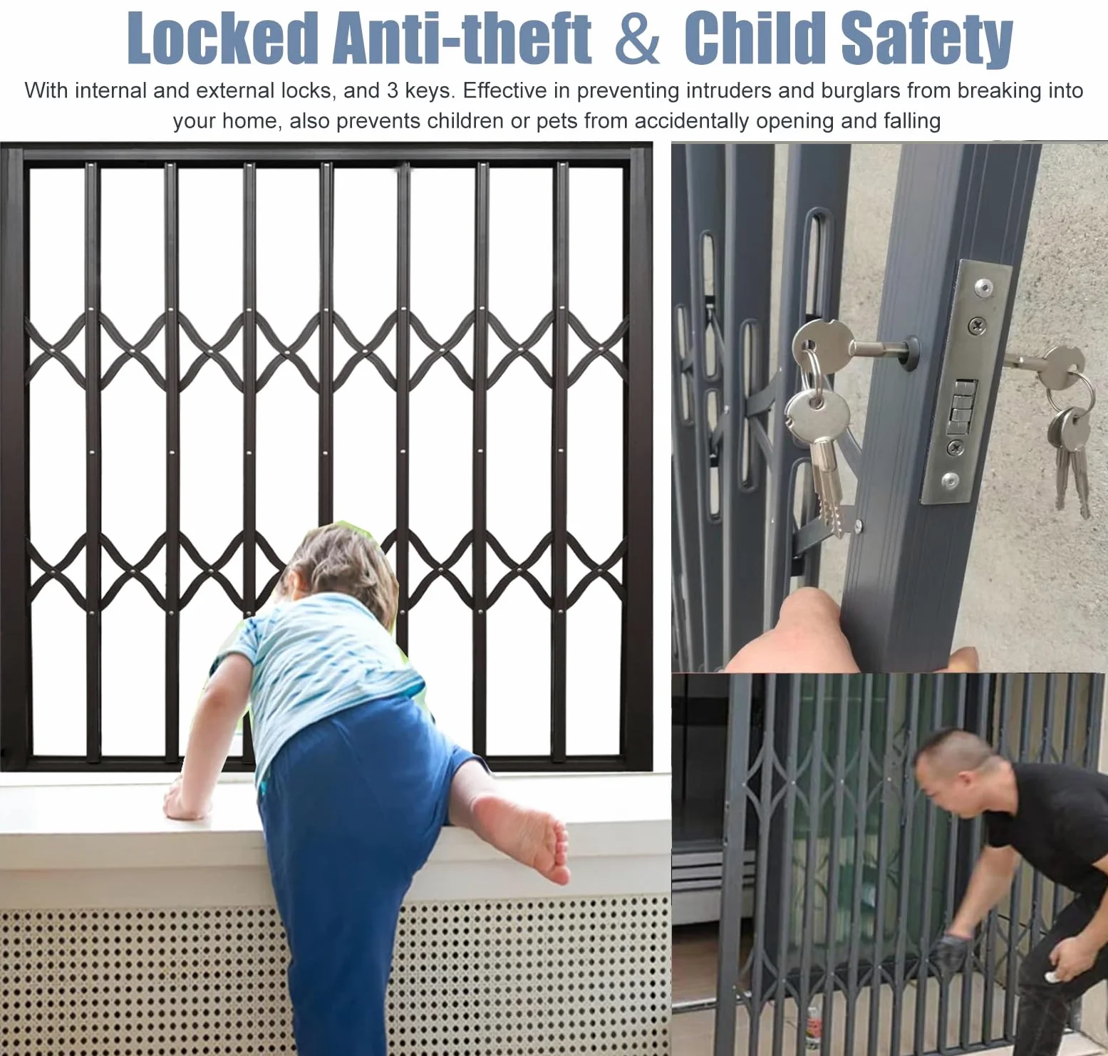 Rejillas y barras de seguridad para ventana corredera, 50210 cm, antirrobo, protección para niños, seguro para el hogar, soluts y seguros ajustables