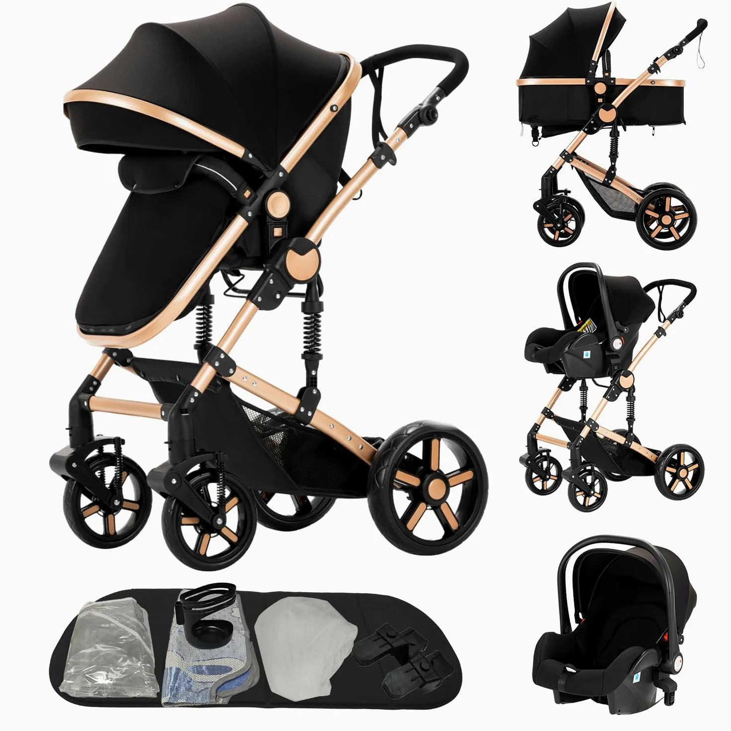 MoLi Carrito de Bebe 3 en 1, Carro Bebe 3 Piezas Plegado Conveniente con Un Solo Clic, Carrito Bebes con Modo de Doble Empuje Reversible, Cochecito Tres Piezas Paisaje Alto (588 Noir Gold)