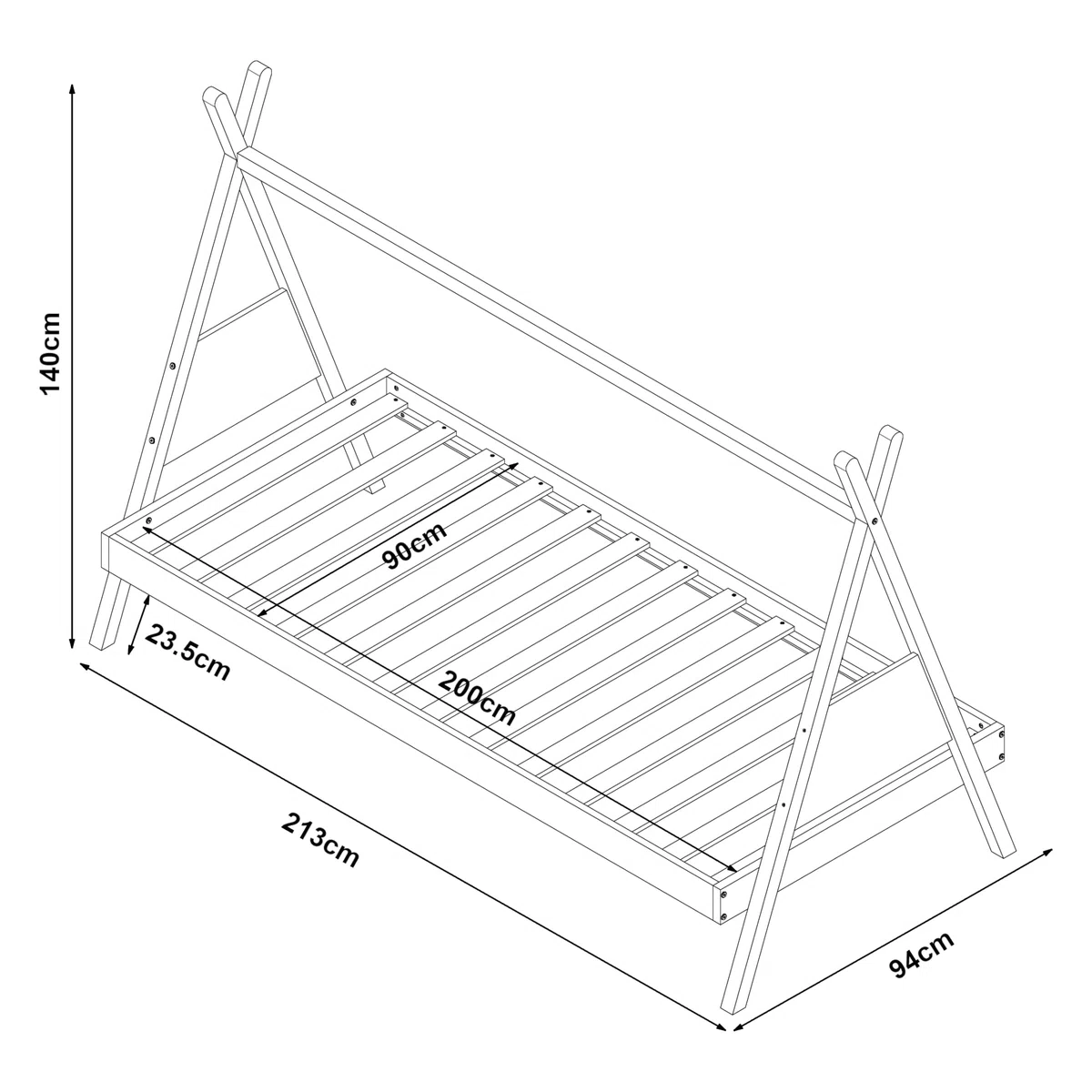[en.casa] Cama para Niños y Niñas de Estructura Tipi Cama Infantil con Somier Madera de Pino 90 x 200 cm - Natural/Blanco