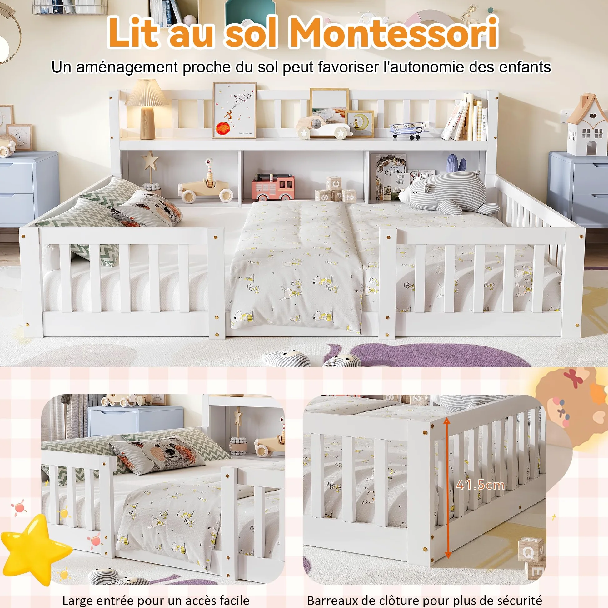 DADEA Cama Infantil De Suelo 140 X 200 Cm Con Protección Anticaída Y Somier, Cama De Día Montessori Con Compartimento De Almacenamiento, Sofá Cama Infantil Con Estante Abierto
