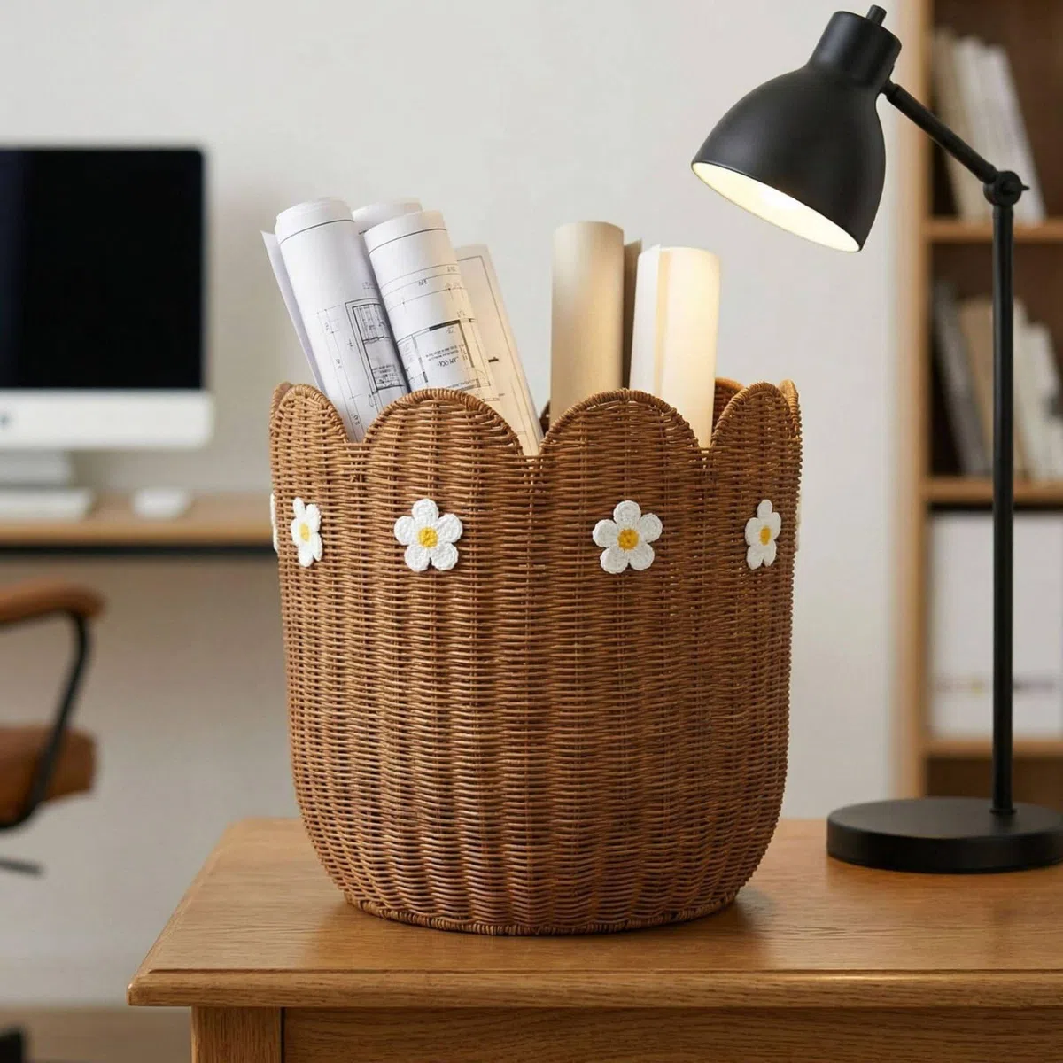 kowaku Cesta de Almacenamiento Tejida Cesta de Mimbre Cesto Organizador Contenedor Decorativo en Ratán con Toques Ornamentales Suaves y Estilo Acogedor
