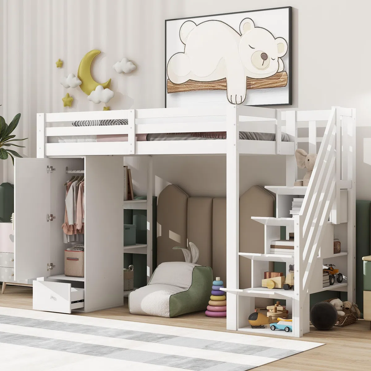 Cama alta para niños, 90 x 200 cm, sin colchón, barandilla individual, escalera plegable, cajones, armario, varios estantes, espacio libre combinable según sea necesario
