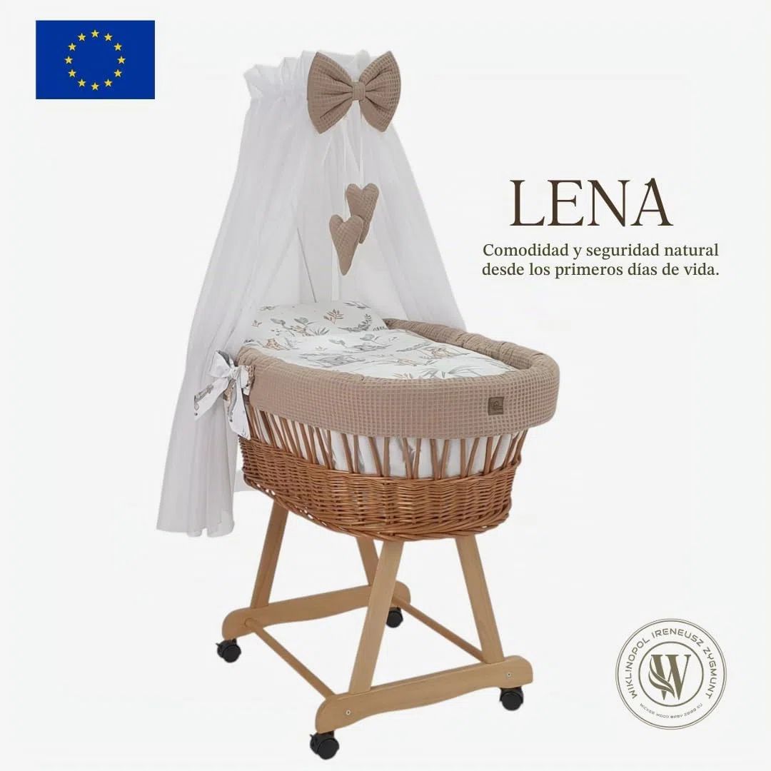 WIKLINOPOL Lena - Cuna de mimbre con ruedas, colchón, dosel y ropa de cama de tela de waffari con animales de safari, hecho a mano, cesta de moisés natural