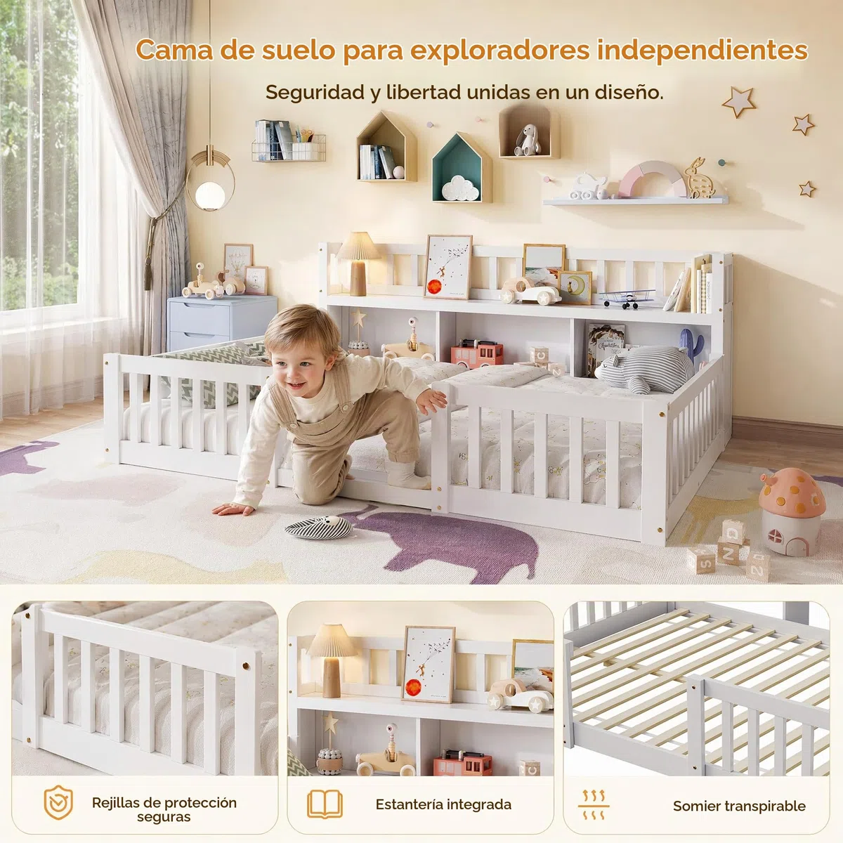 DADEA Cama Infantil De Suelo 140 X 200 Cm Con Protección Anticaída Y Somier, Cama De Día Montessori Con Compartimento De Almacenamiento, Sofá Cama Infantil Con Estante Abierto