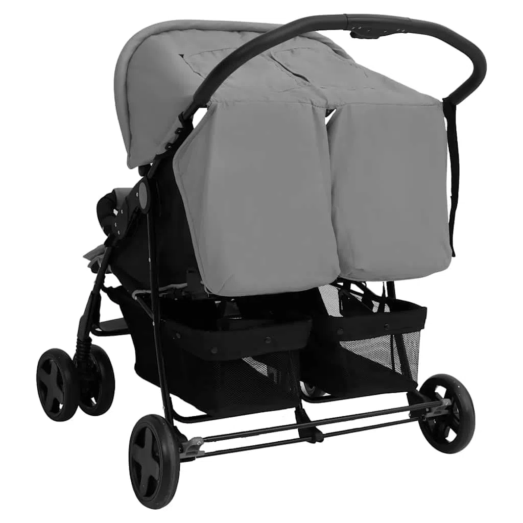 Cochecito gemelar de acero gris claro, plegable, ligero y compacto, para ciudad y viajes, con toldo y protección contra la lluvia, y niños pequeños de hasta 15 kg