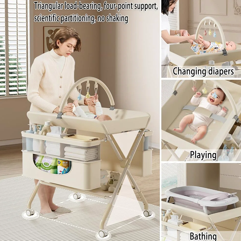 Mueble Cambiador Bebe Plegable con Ruedas,Compartimentos de Almacenamiento y Correa de Seguridad,Altura Ajustable,Móvil Cómoda Cambiador Bebe para Cambiar Pañales y Ropa,Gris