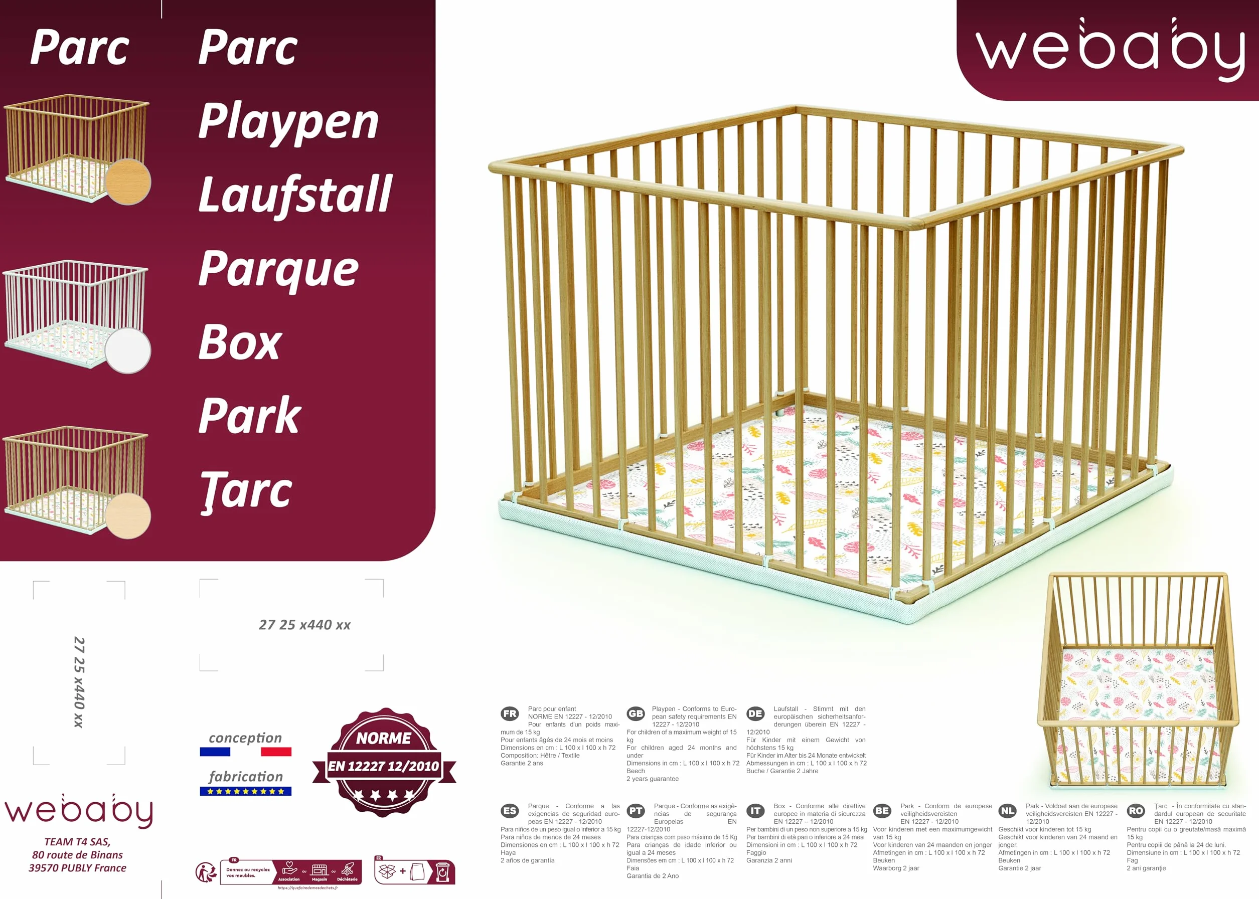 Webaby - Parque madera fijo de 100 x 100 haya bruto