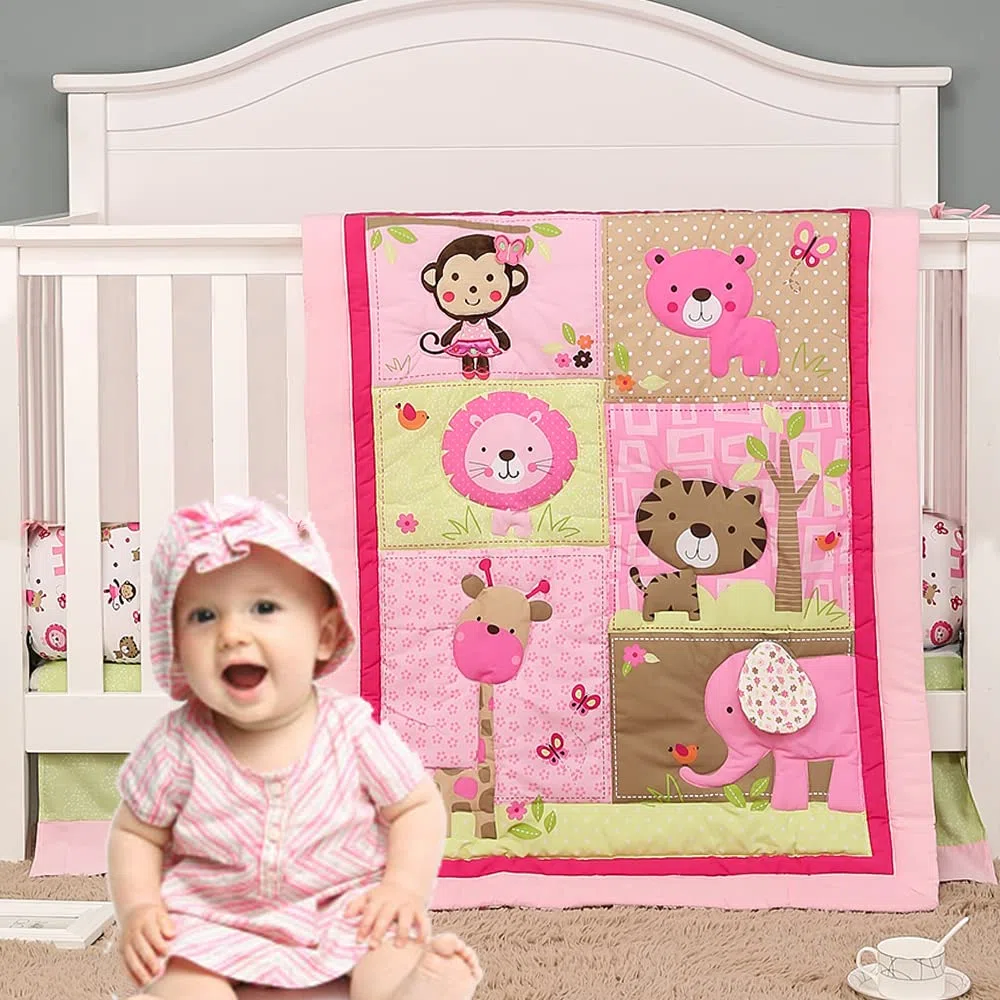 Brandream Juego de ropa de cama para cuna de elefante rosa para niñas | 3 piezas Jungle Nursery Set, león, mono, tigre, oso, mariposa, jirafa, mono, pájaros, tema del zoológico de animales dulces