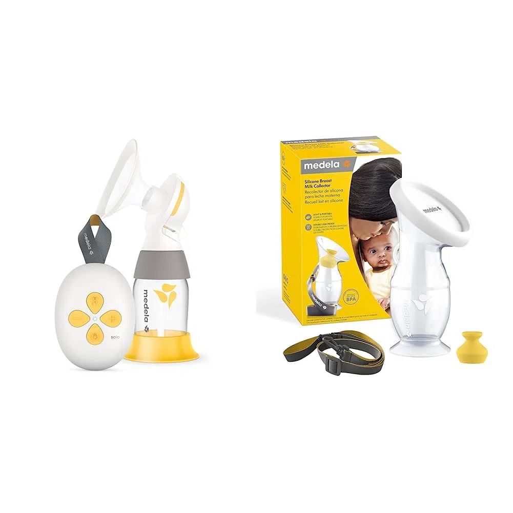 Medela Solo Tiralatte elettrico Singolo, Più Silenzioso, Ricaricabile tramite USB + Medela raccoglitore latte materno per mamme che allattano al seno, in silicone