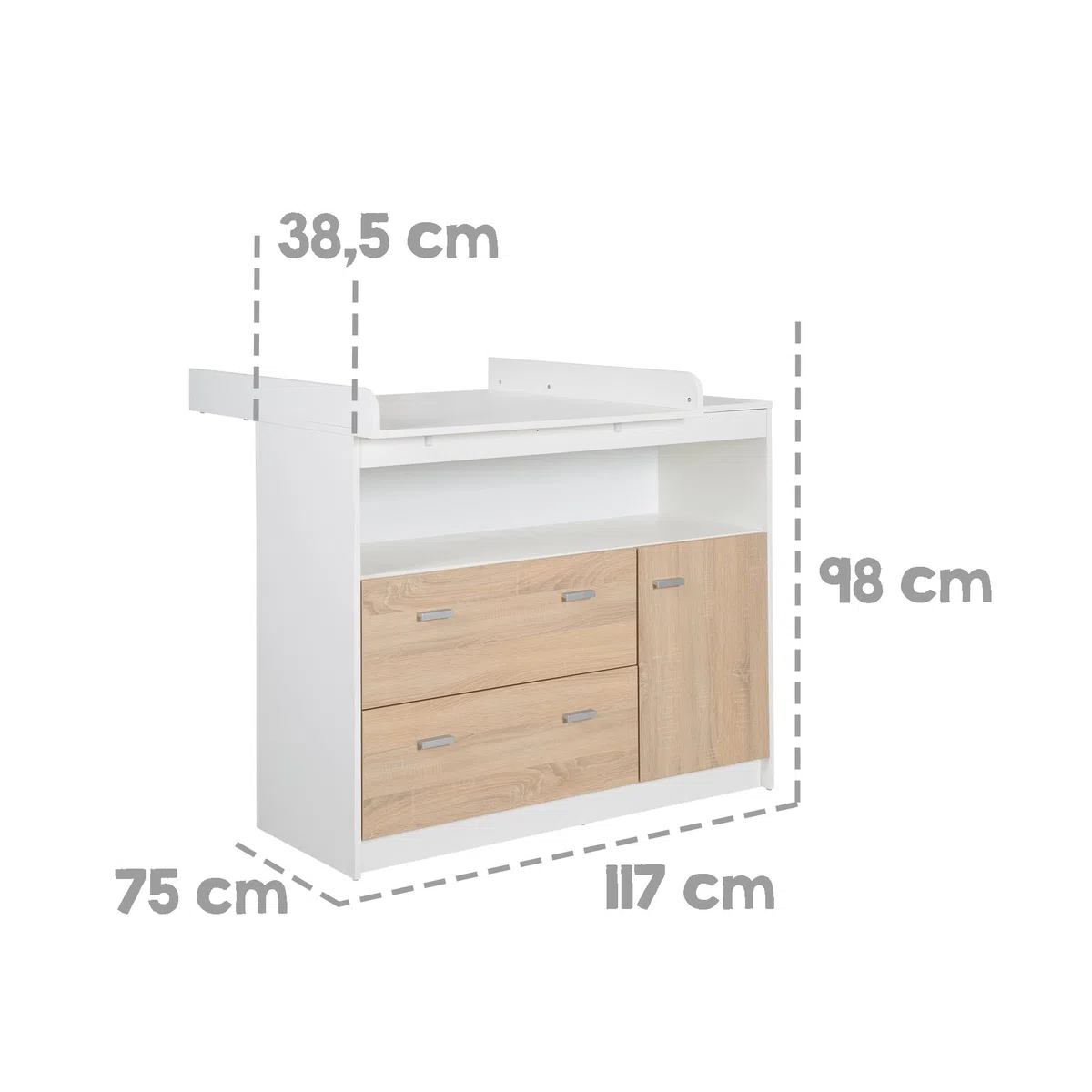 roba Cambiador con cambiador, 2 cajones, 1 puerta, 1 compartimento abierto, blanco, altura del cambiador: 90 cm