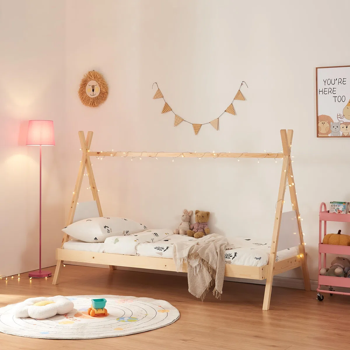 [en.casa] Cama para Niños y Niñas de Estructura Tipi Cama Infantil con Somier Madera de Pino 90 x 200 cm - Natural/Blanco