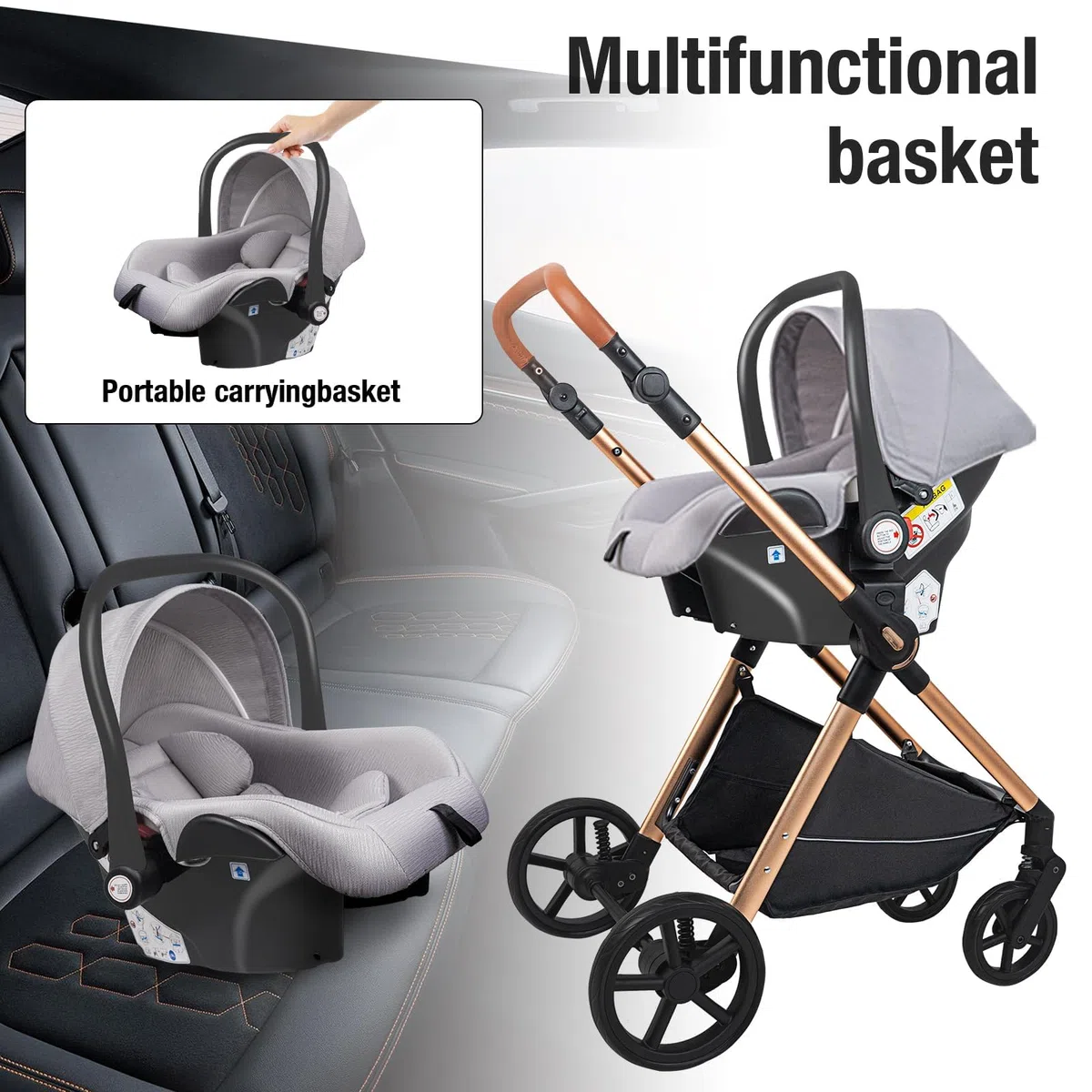Carrito Bebe 3 en 1, Carro Bebe con Dos Modos de Empuje Reversibles, Cochecito Bebe 3 Piezas con Marco de Aluminio, Carricoche Bebe con Diseño Plegable con Un Solo Clic (H2 Black)