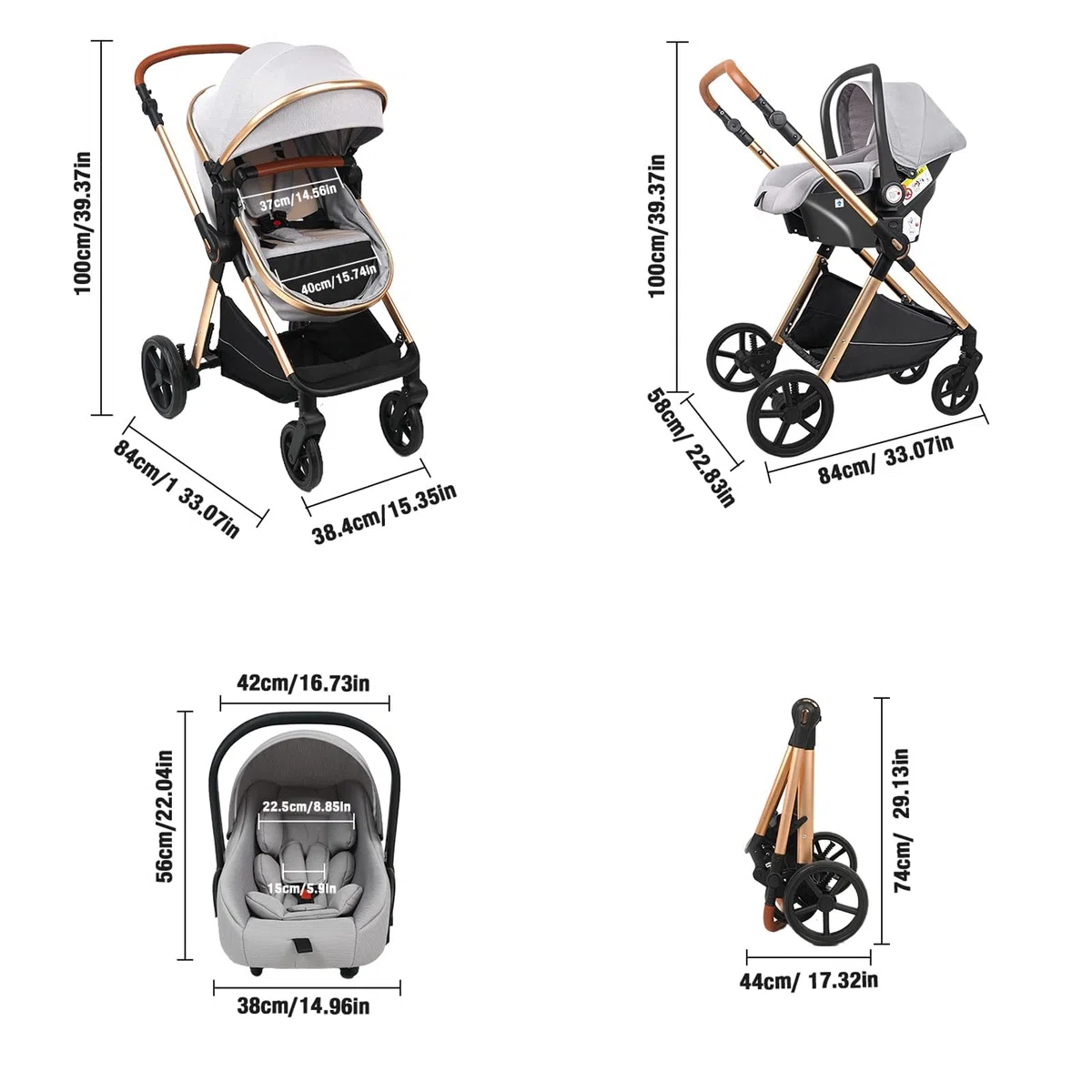 Carrito Bebe 3 en 1, Carro Bebe con Dos Modos de Empuje Reversibles, Cochecito Bebe 3 Piezas con Marco de Aluminio, Carricoche Bebe con Diseño Plegable con Un Solo Clic (H2 Black)