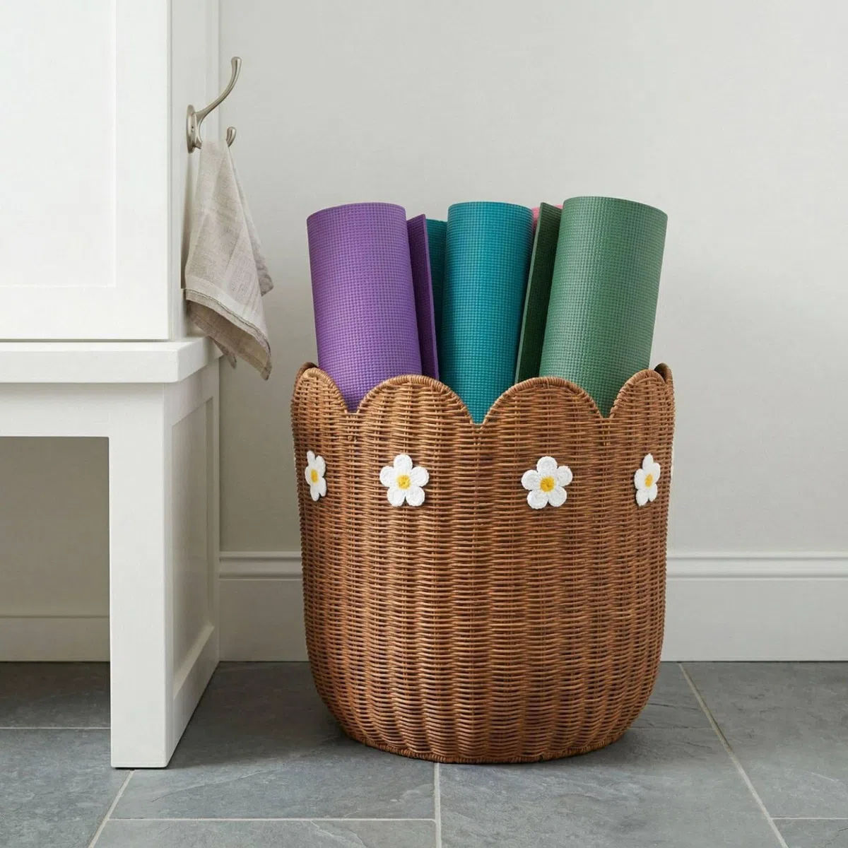kowaku Cesta de Almacenamiento Tejida Cesta de Mimbre Cesto Organizador Contenedor Decorativo en Ratán con Toques Ornamentales Suaves y Estilo Acogedor