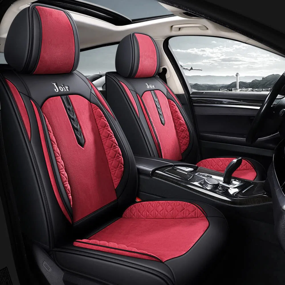 Funda de asiento de automóvil, Universal Cuero Fundas Asientos Protector Asiento Cuero Universales 5-Asiento Cojines de Asiento Automáticos Extraíbles,Rojo,Standard