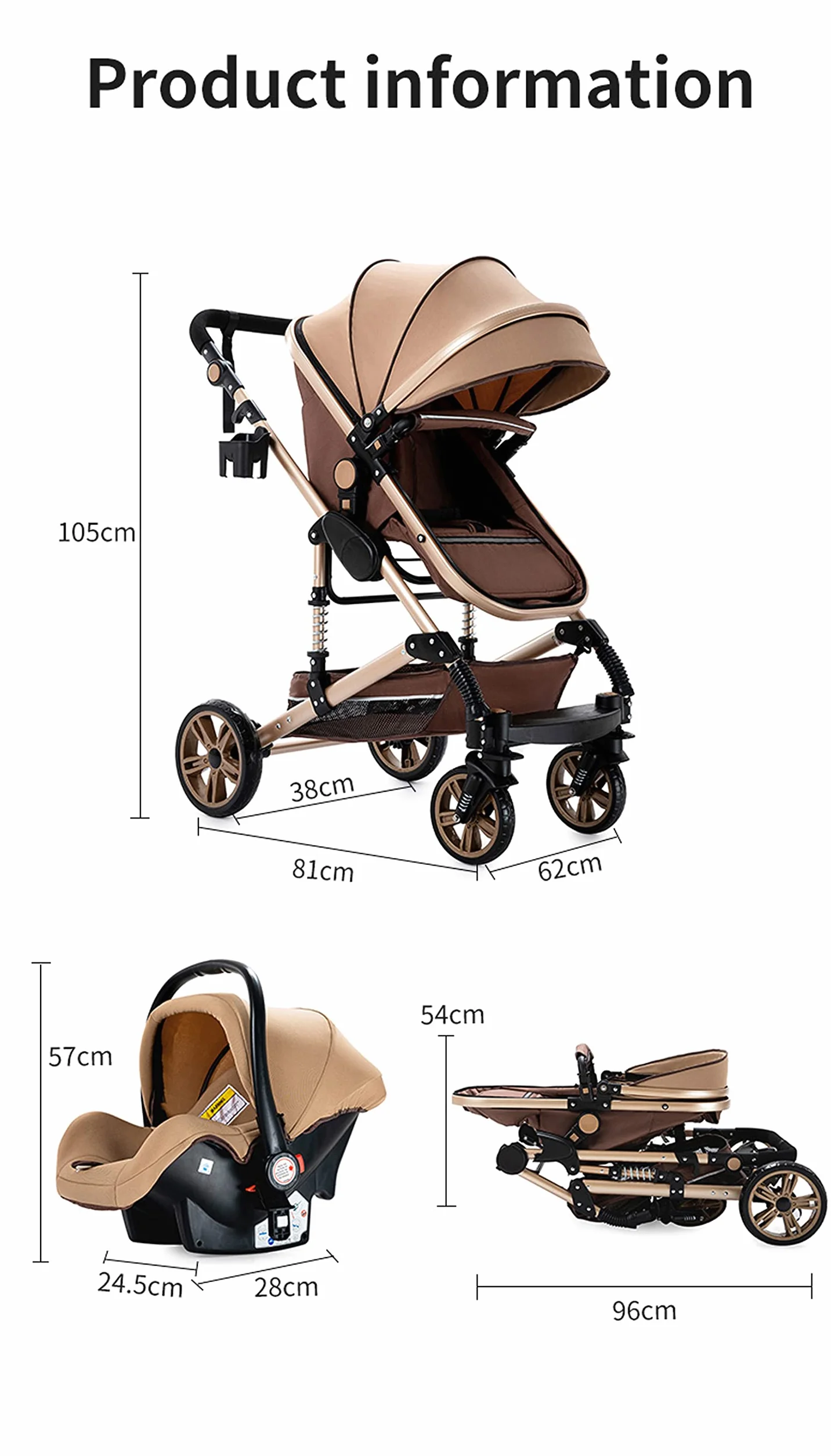 3 en 1 Sistema de Viaje Para Bebé 3 en 1 Silla de Paseo Cochecito de Bebé Carrito con Capazo Cochecito de Paisaje Alto Reclinable Cochecito Estándar Plegable de Recién Nacido