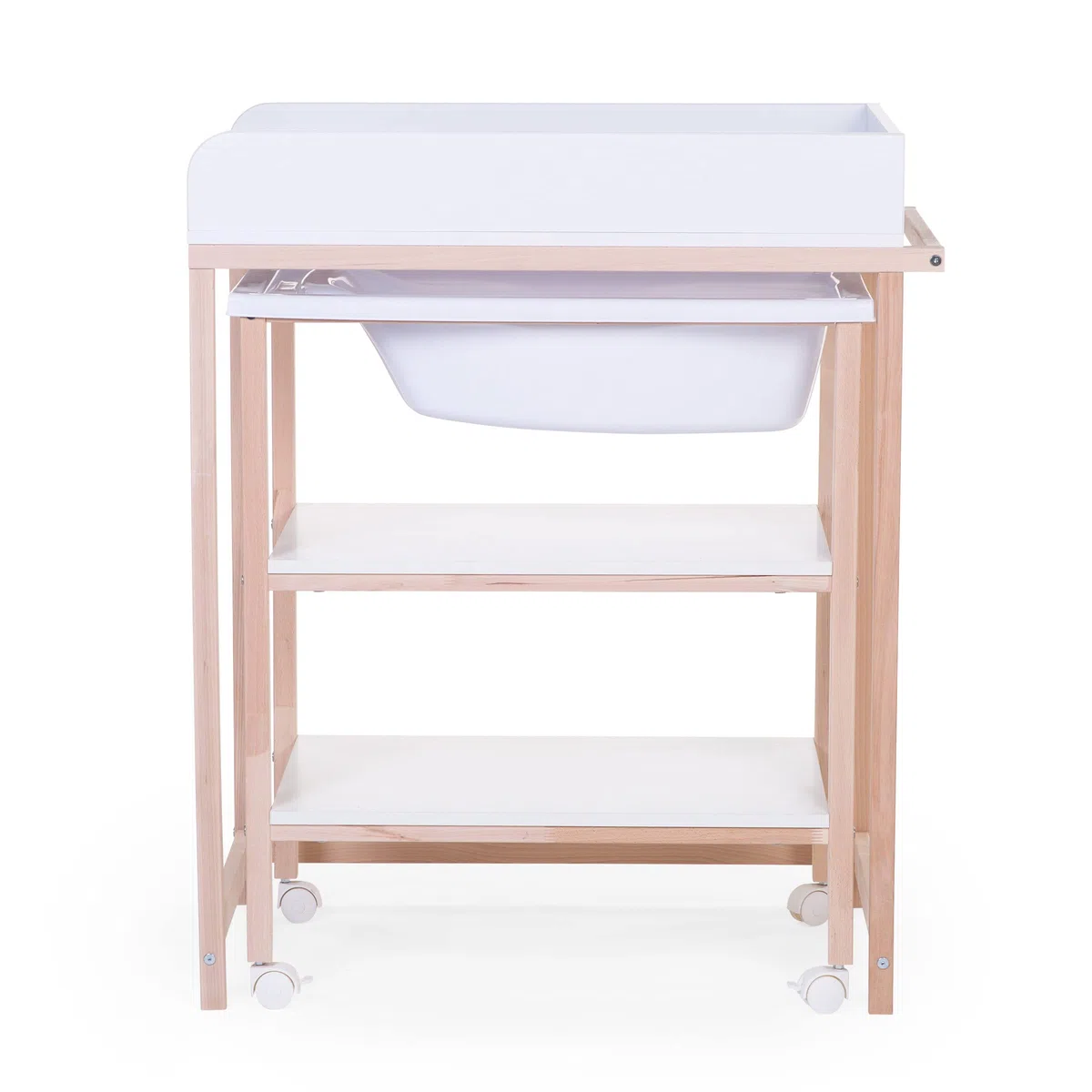 Béaba Mesa cambiador con bañera, ruedas fáciles de mover, unidad de cambio, robusta, seguridad óptima, ultra práctica, compacta, madera natural de haya, Blanco