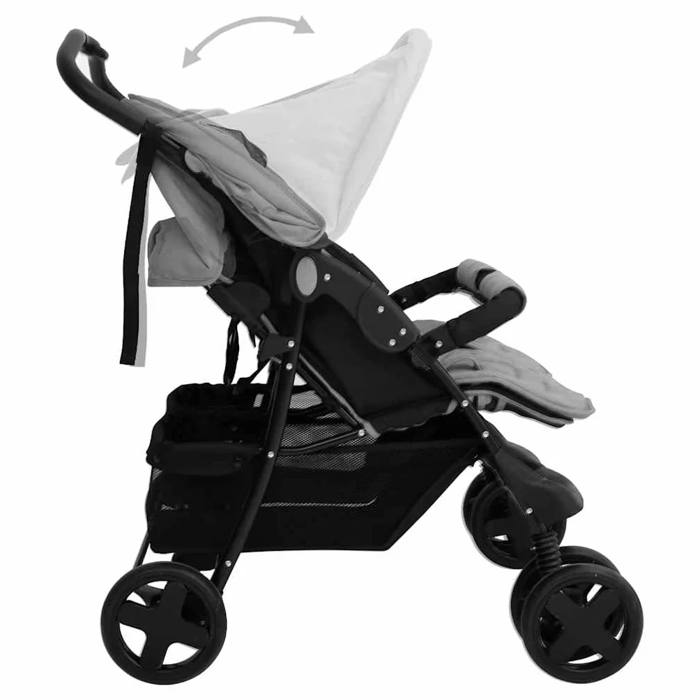 Cochecito gemelar de acero gris claro, plegable, ligero y compacto, para ciudad y viajes, con toldo y protección contra la lluvia, y niños pequeños de hasta 15 kg