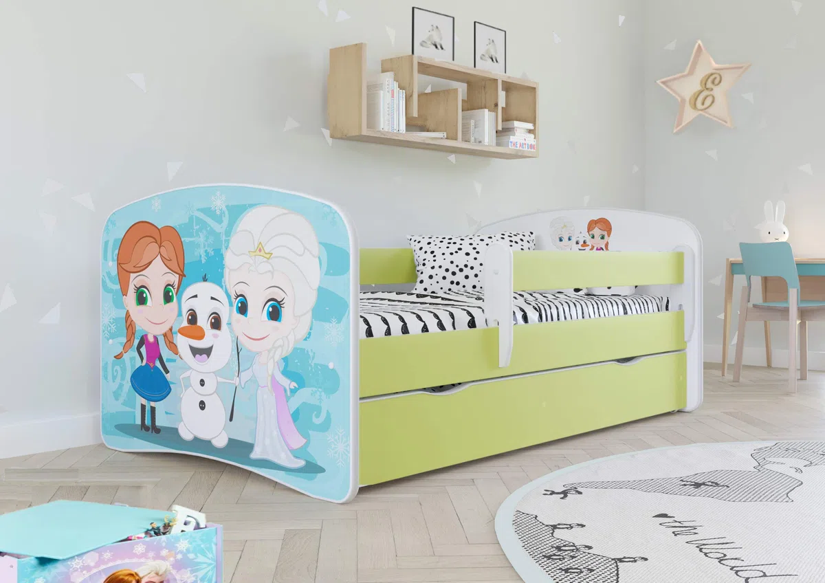 Cama babydreams 2 Verde Frozen con cajón, colchón, Barrera de Seguridad incluida, Madera de ingeniería, Lit d’Enfant