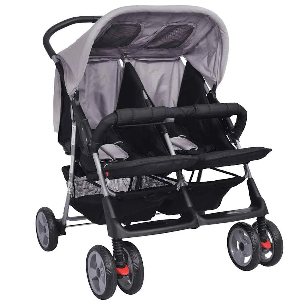 Carrito doble de acero gris y negro, plegable con función reclinable y capota, cochecito ligero para 1 – 2 niños de hasta 15 kg, maniobrable carro combinado para ciudad, paseo y compras