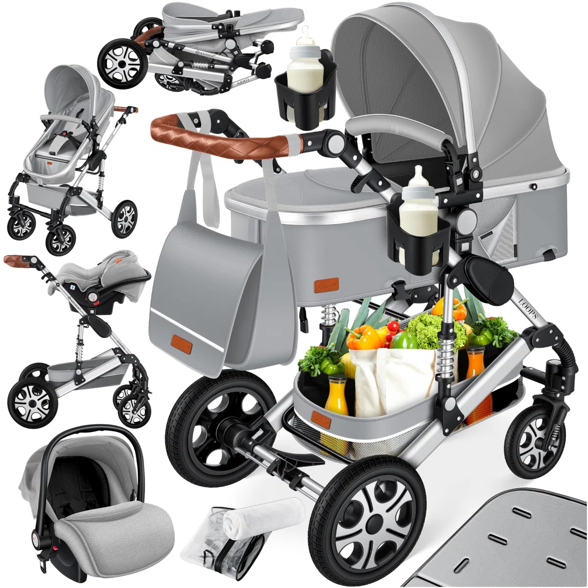 KESSER® Loops 3 in 1 Stroller combo juego completo de sillas de paseo incl. Asiento deportivo para bañera y silla de paseo, neumáticos de caucho macizo, bolso cambiador