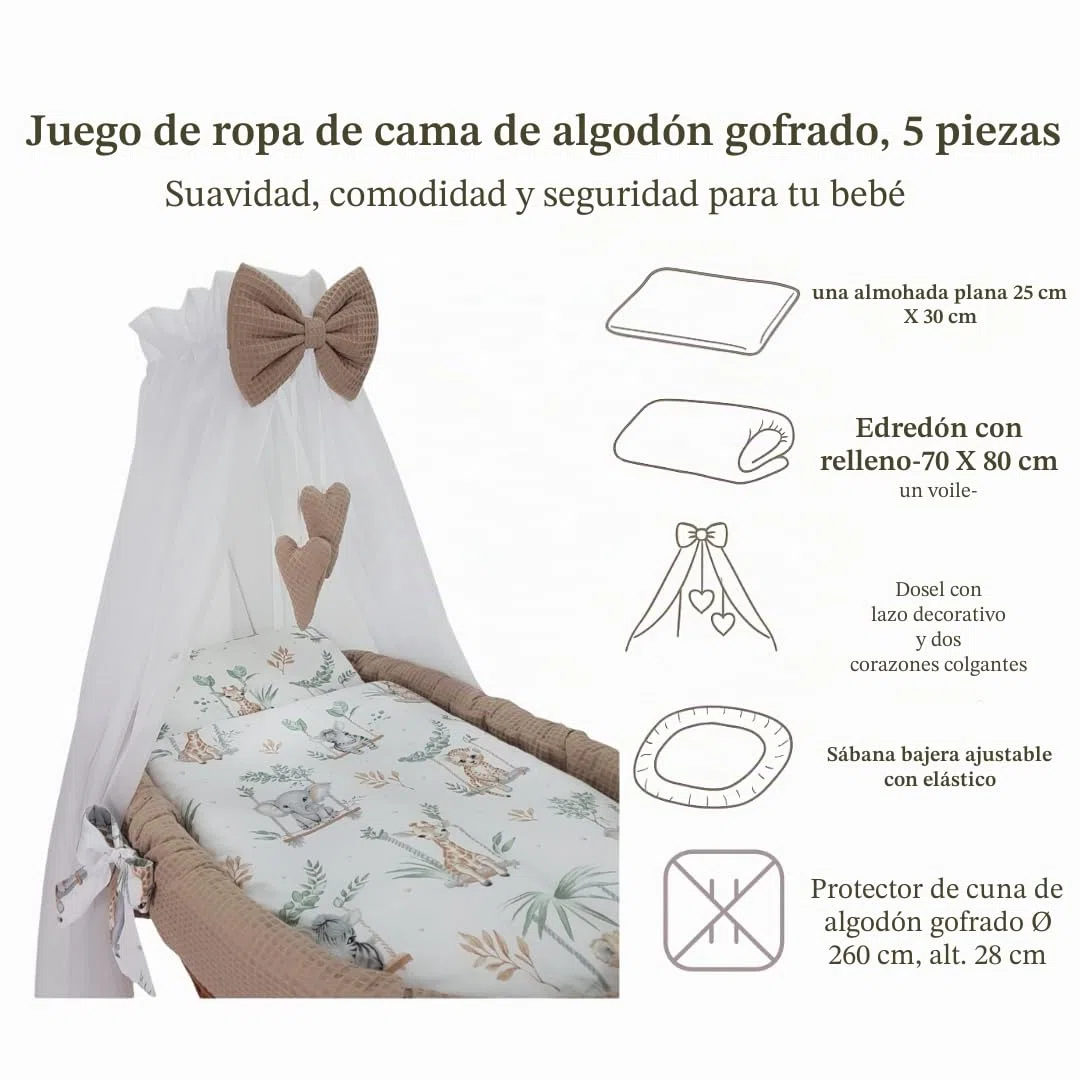 WIKLINOPOL Lena - Cuna de mimbre con ruedas, colchón, dosel y ropa de cama de tela de waffari con animales de safari, hecho a mano, cesta de moisés natural