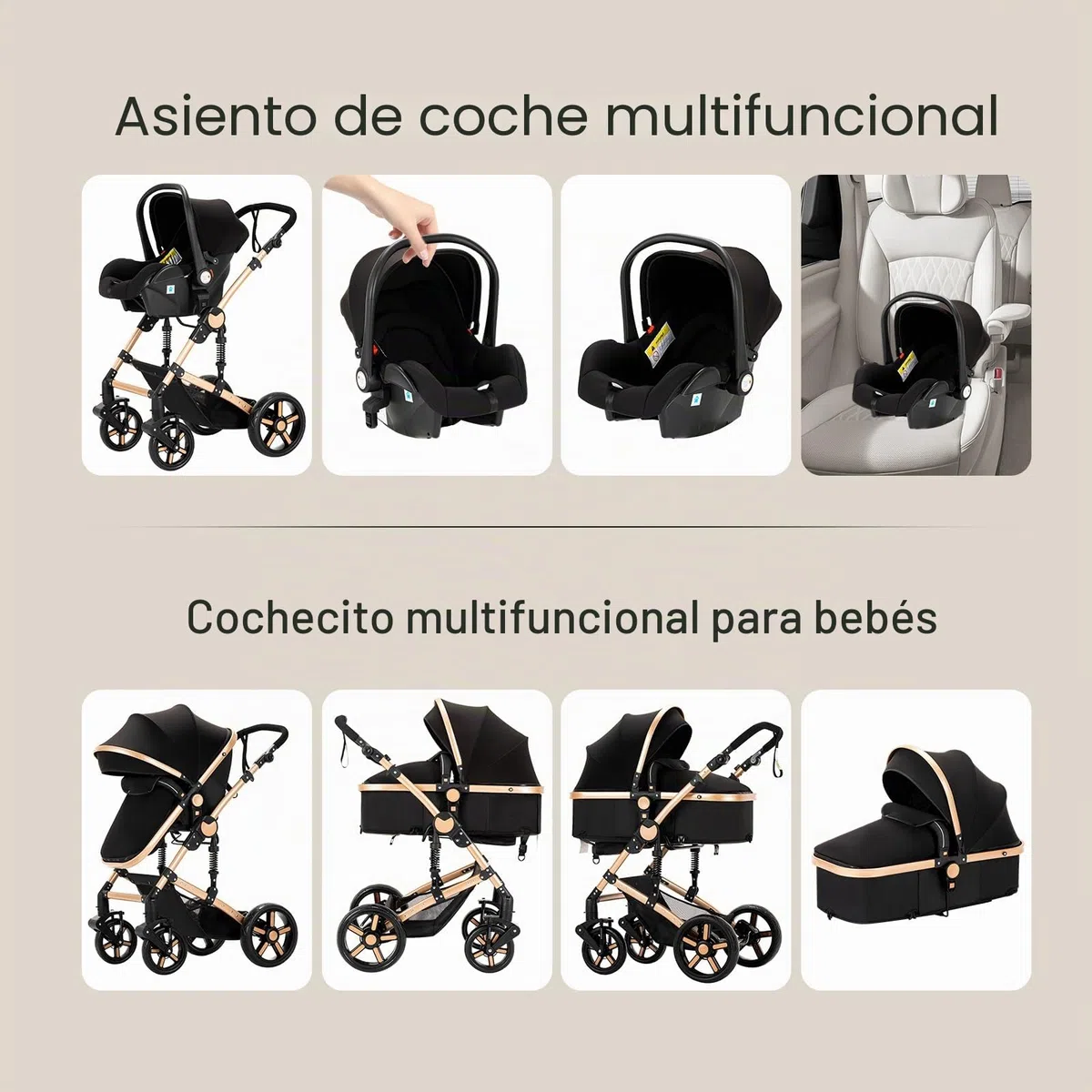 MoLi Carrito de Bebe 3 en 1, Carro Bebe 3 Piezas Plegado Conveniente con Un Solo Clic, Carrito Bebes con Modo de Doble Empuje Reversible, Cochecito Tres Piezas Paisaje Alto (588 Noir Gold)