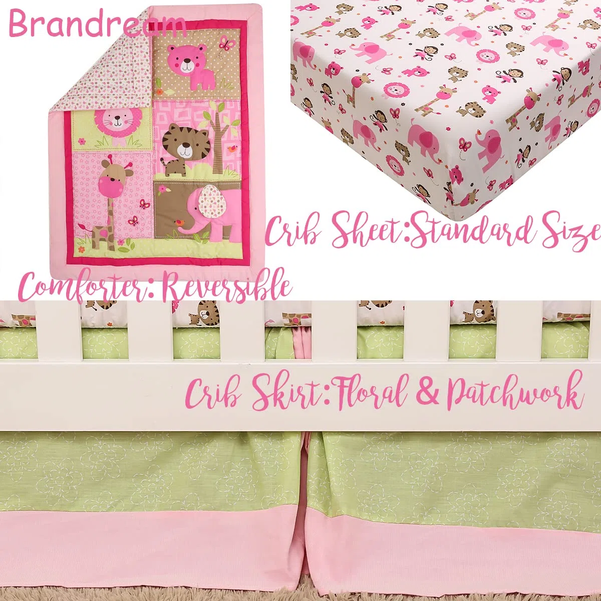 Brandream Juego de ropa de cama para cuna de elefante rosa para niñas | 3 piezas Jungle Nursery Set, león, mono, tigre, oso, mariposa, jirafa, mono, pájaros, tema del zoológico de animales dulces
