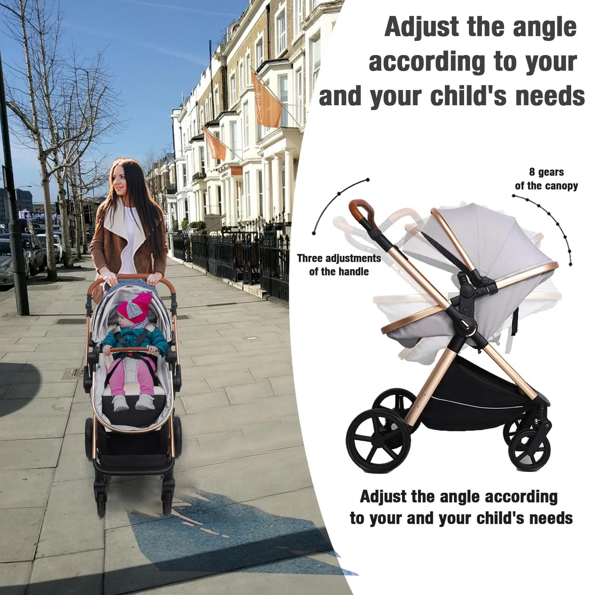 Carrito Bebe 3 en 1, Carro Bebe con Dos Modos de Empuje Reversibles, Cochecito Bebe 3 Piezas con Marco de Aluminio, Carricoche Bebe con Diseño Plegable con Un Solo Clic (H2 Black)