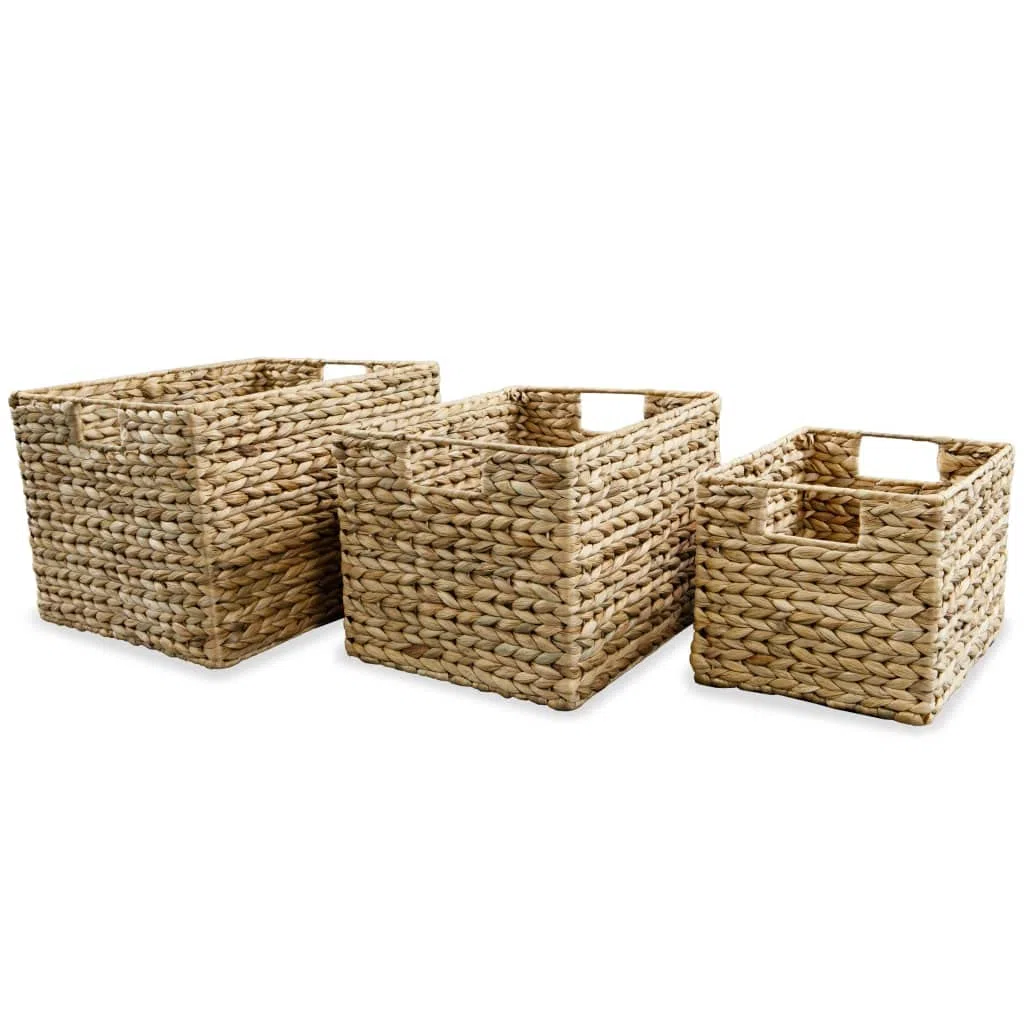 Juego de 3 cestas de jacinto de agua en color marrón con marco de metal, almacenamiento versátil para el hogar, cocina, baño, habitación de los niños, oficina, espacio de almacenamiento