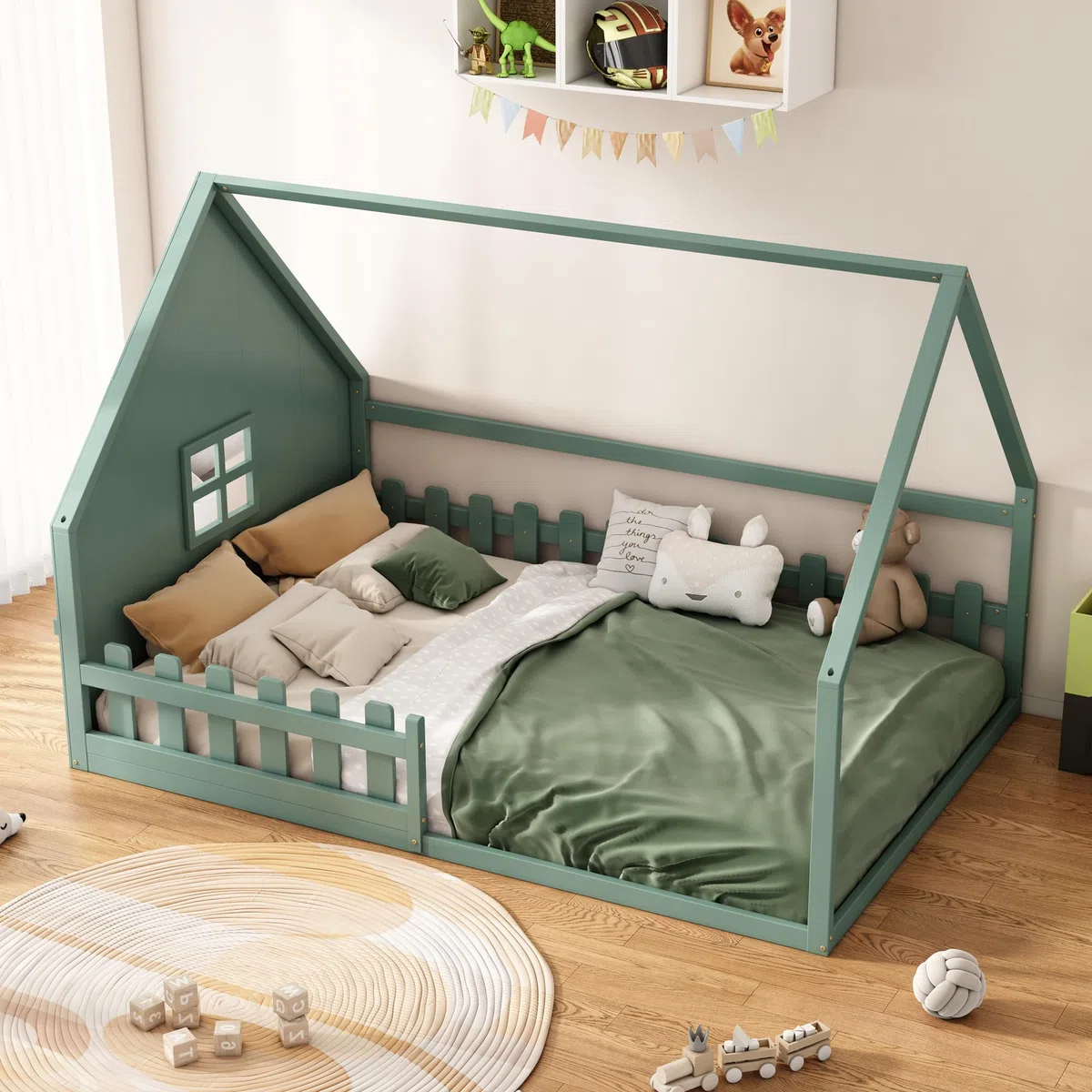 Soweiz Cama plana, cama infantil, estable y duradera, diseño simple, segura para camas de suelo, molduras, barandillas, madera de pino, 140 x 200 cm (verde)