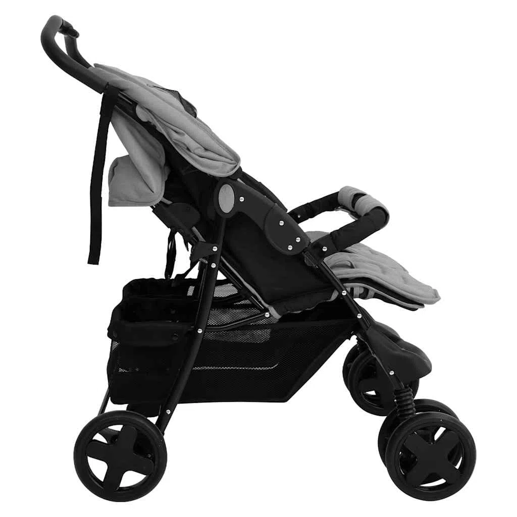 Cochecito gemelar de acero gris claro, plegable, ligero y compacto, para ciudad y viajes, con toldo y protección contra la lluvia, y niños pequeños de hasta 15 kg