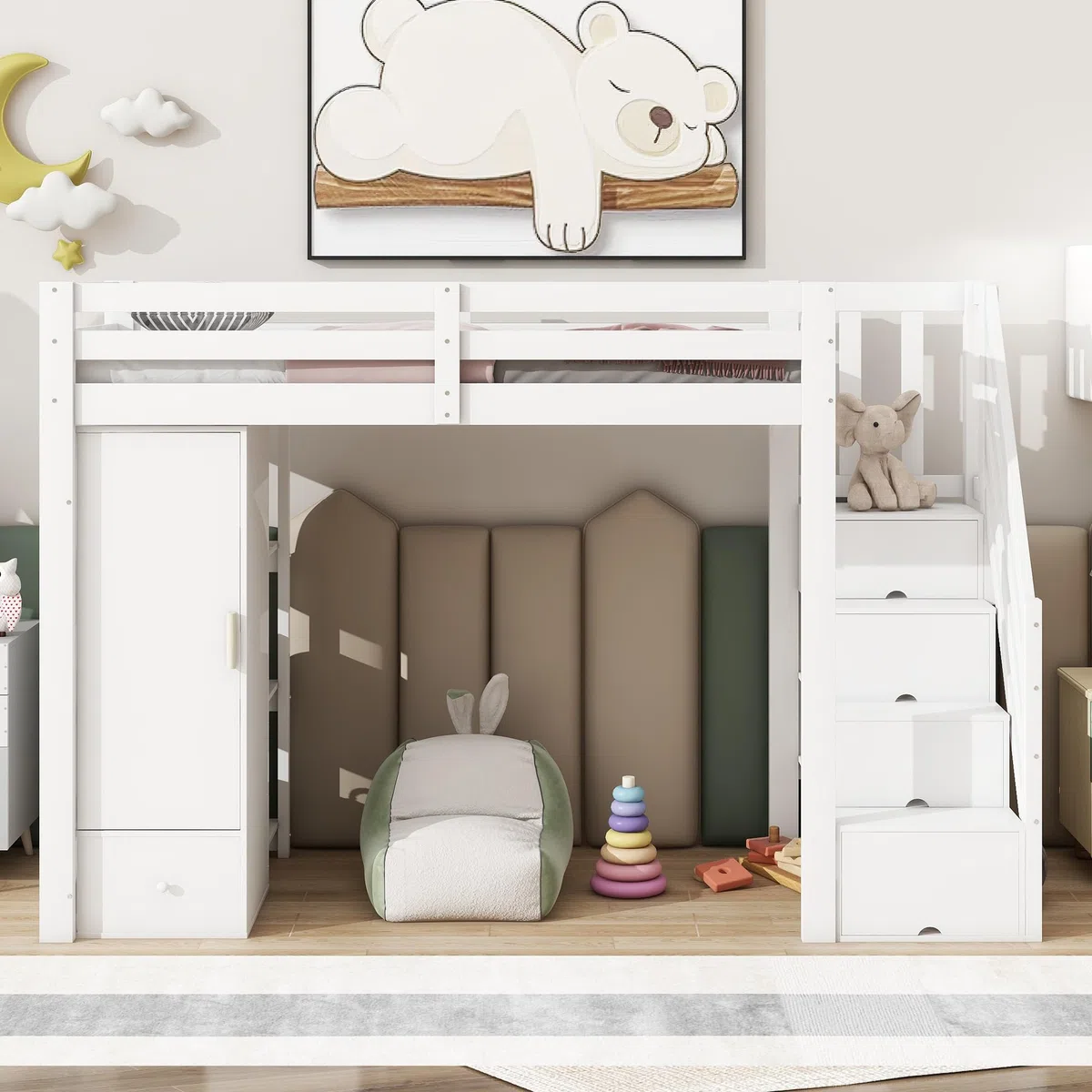 Cama alta para niños, 90 x 200 cm, sin colchón, barandilla individual, escalera plegable, cajones, armario, varios estantes, espacio libre combinable según sea necesario