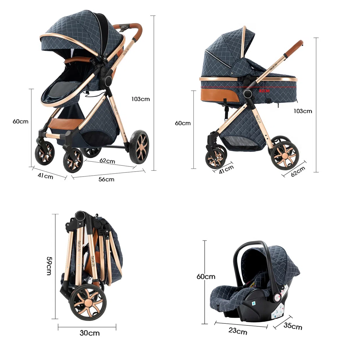 Carro Bebe 3 Piezas, Carrito Bebe 3 en 1 con Dos Modos de Empuje Reversibles, Cochecito Tres Piezas con Capazo Grande Cómodo, Carricoche Tres Pieza Alto Paisaje (YV9 Black)