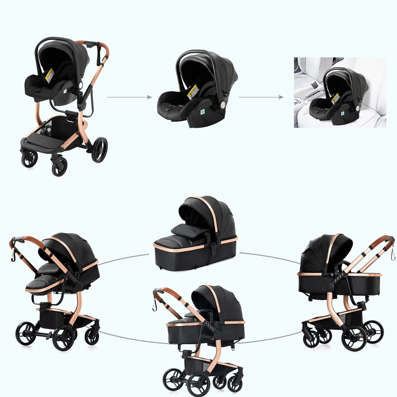 Magic ZC Carrito Bebe 3 en 1, Carro de Bebe 3 Piezas con Empuje Reversible de Dos Vías, Carrito Bebe con Diseño Portátil Plegable de Un Clic, Cochecito Bebe 3 Piezas con Accesorios (518 Black)