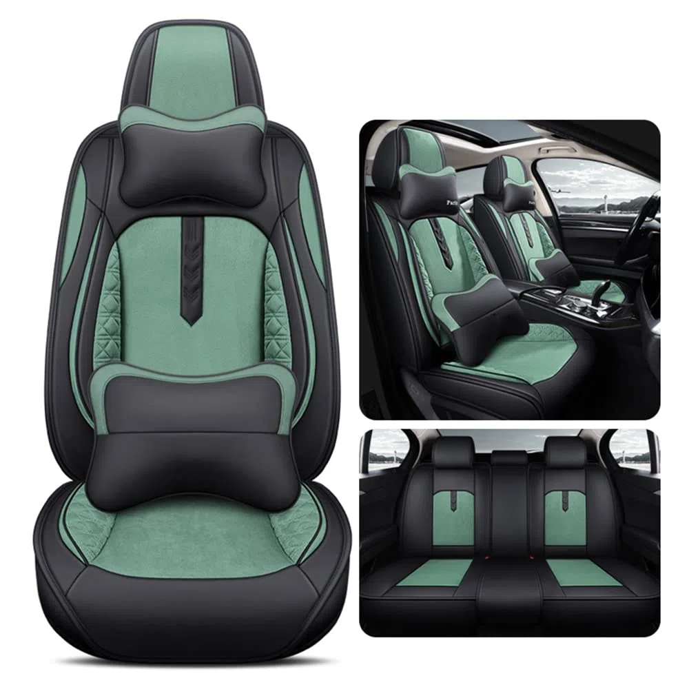 Funda de asiento de automóvil, Universal Cuero Fundas Asientos Protector Asiento Cuero Universales 5-Asiento Cojines de Asiento Automáticos Extraíbles,Verde,Luxury