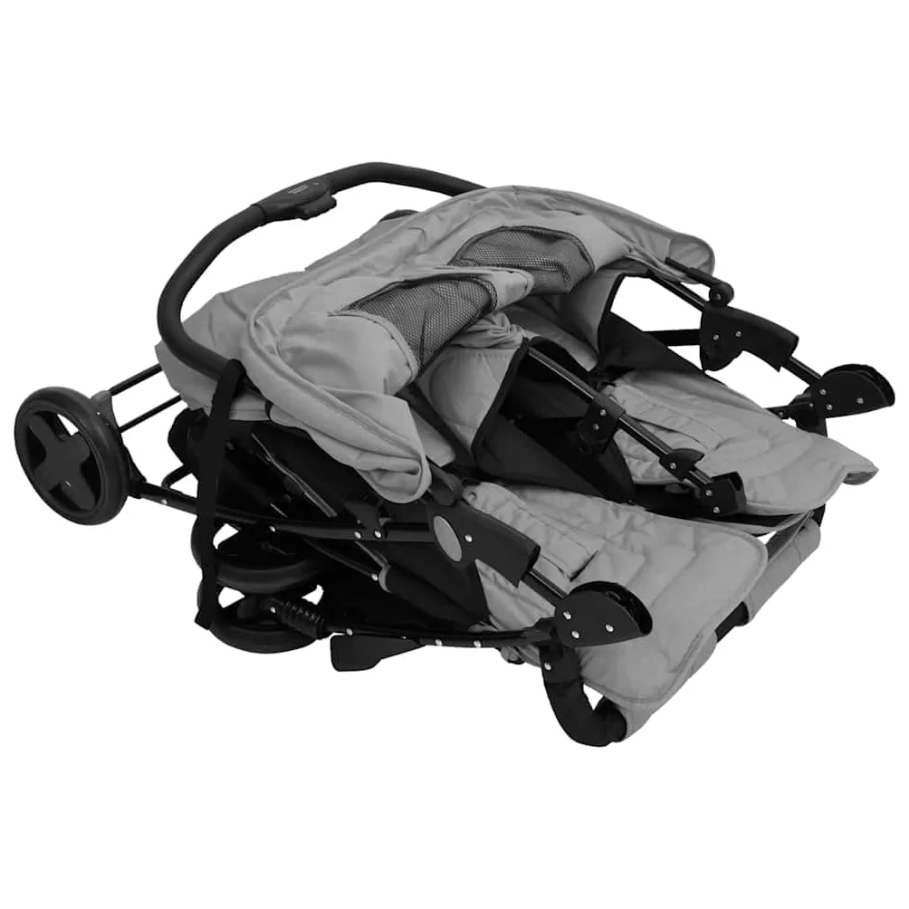 Cochecito gemelar de acero gris claro, plegable, ligero y compacto, para ciudad y viajes, con toldo y protección contra la lluvia, y niños pequeños de hasta 15 kg