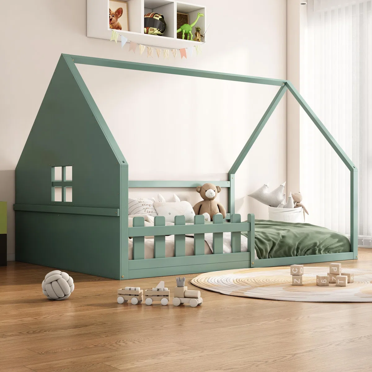 Soweiz Cama plana, cama infantil, estable y duradera, diseño simple, segura para camas de suelo, molduras, barandillas, madera de pino, 140 x 200 cm (verde)