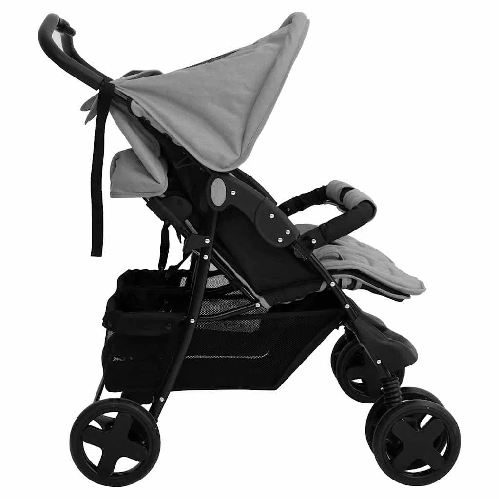 Cochecito gemelar de acero gris claro, plegable, ligero y compacto, para ciudad y viajes, con toldo y protección contra la lluvia, y niños pequeños de hasta 15 kg