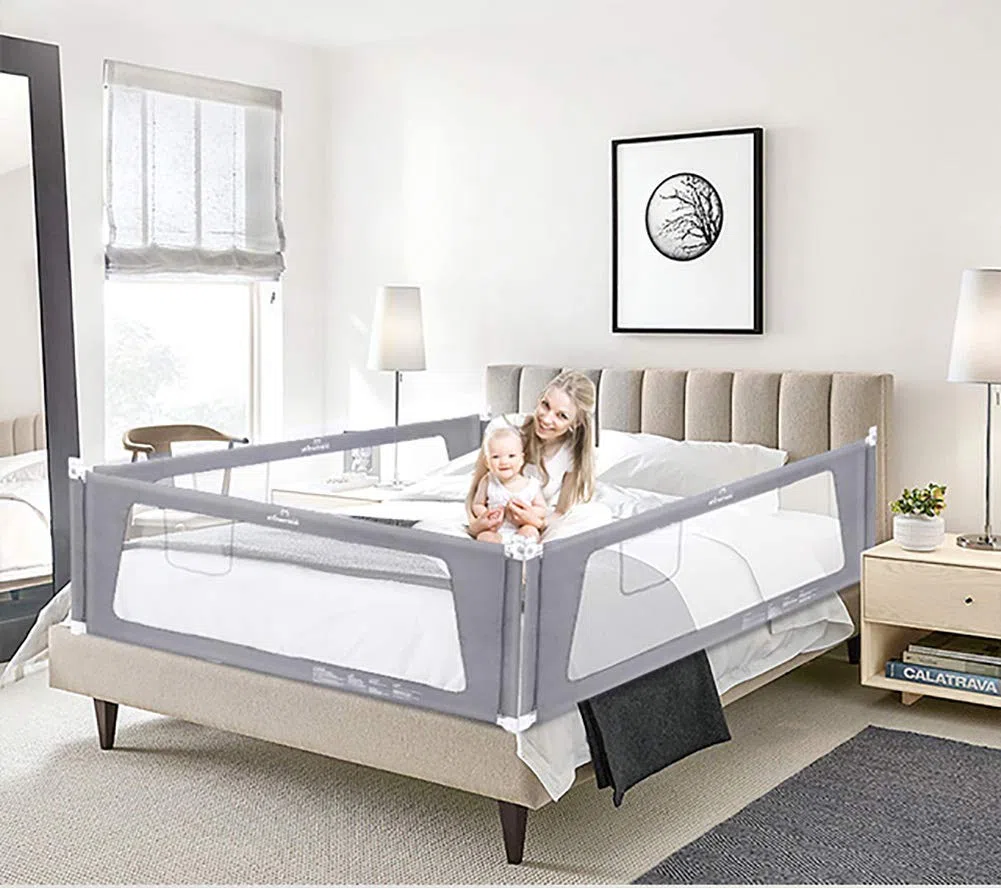 Cama de seguridad ferroviario Cama Guardia del Niño juego, Portátil bedguard bebé Plegable ferroviario de punto para niños bebé y niños, altura 87 cm 220cm Gris