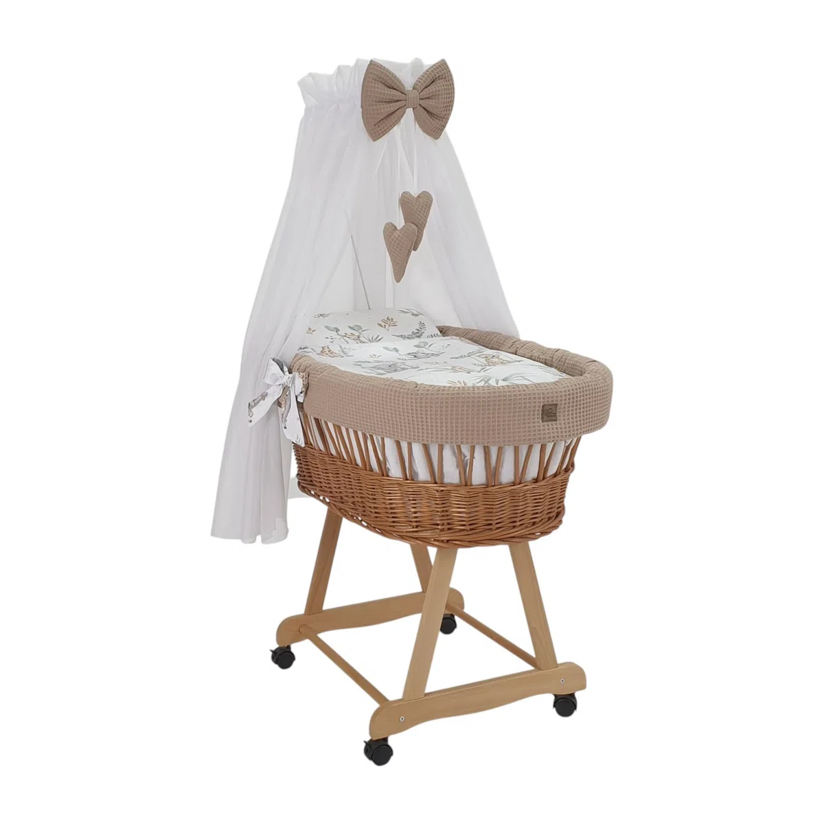 WIKLINOPOL Lena - Cuna de mimbre con ruedas, colchón, dosel y ropa de cama de tela de waffari con animales de safari, hecho a mano, cesta de moisés natural