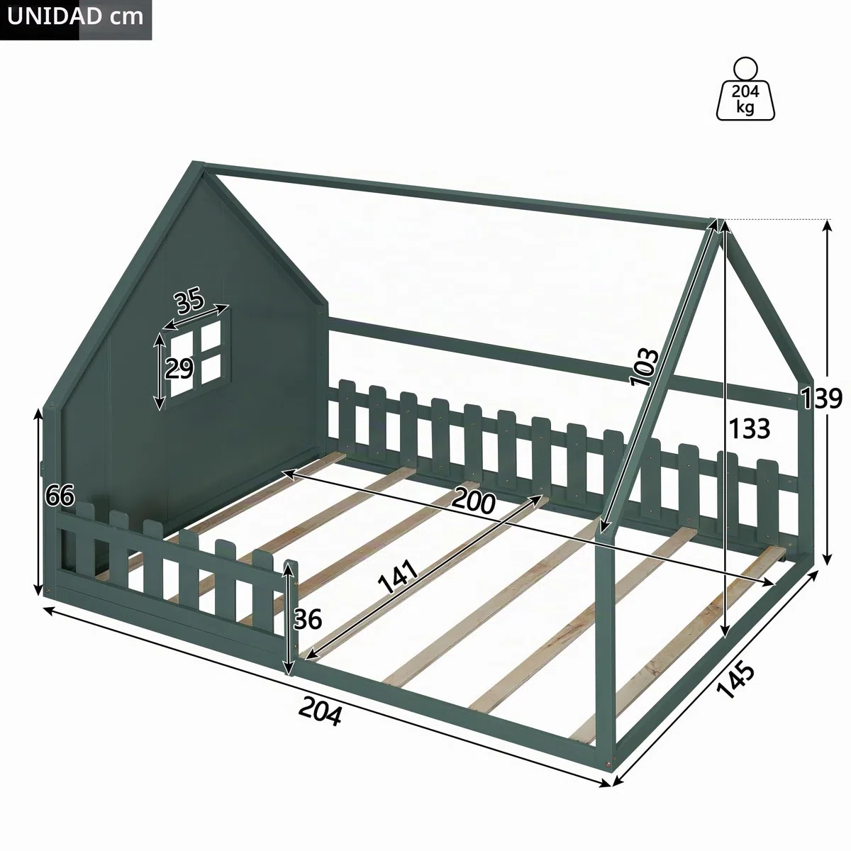 Soweiz Cama plana, cama infantil, estable y duradera, diseño simple, segura para camas de suelo, molduras, barandillas, madera de pino, 140 x 200 cm (verde)