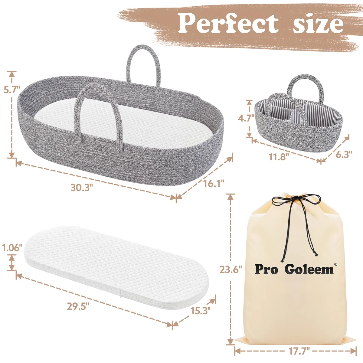 Pro Goleem - Cesta para pañales portátil para bebé recién nacido con 1 almohadilla de espuma, 2 fundas impermeables y 1 organizador de pañales