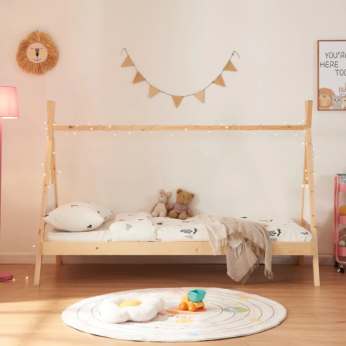 [en.casa] Cama para Niños y Niñas de Estructura Tipi Cama Infantil con Somier Madera de Pino 90 x 200 cm - Natural/Blanco