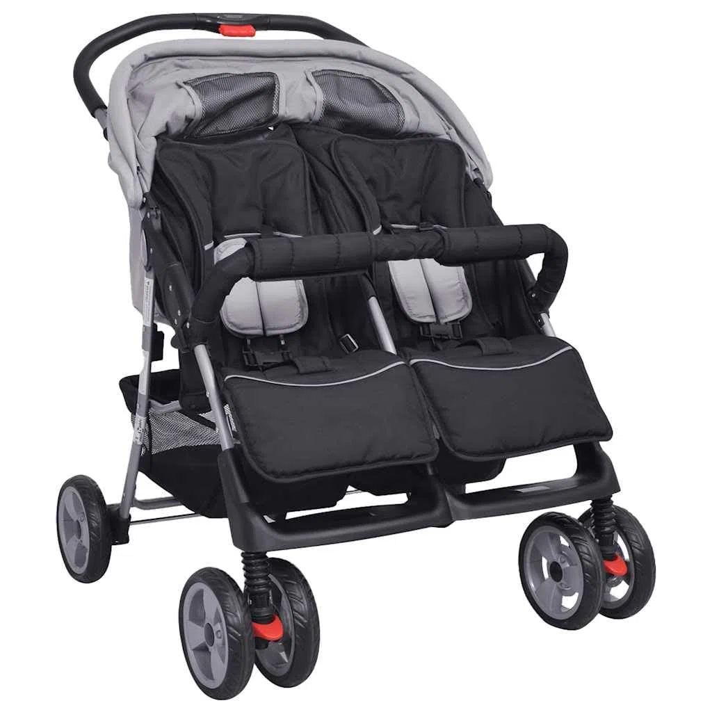 Carrito doble de acero gris y negro, plegable con función reclinable y capota, cochecito ligero para 1 – 2 niños de hasta 15 kg, maniobrable carro combinado para ciudad, paseo y compras