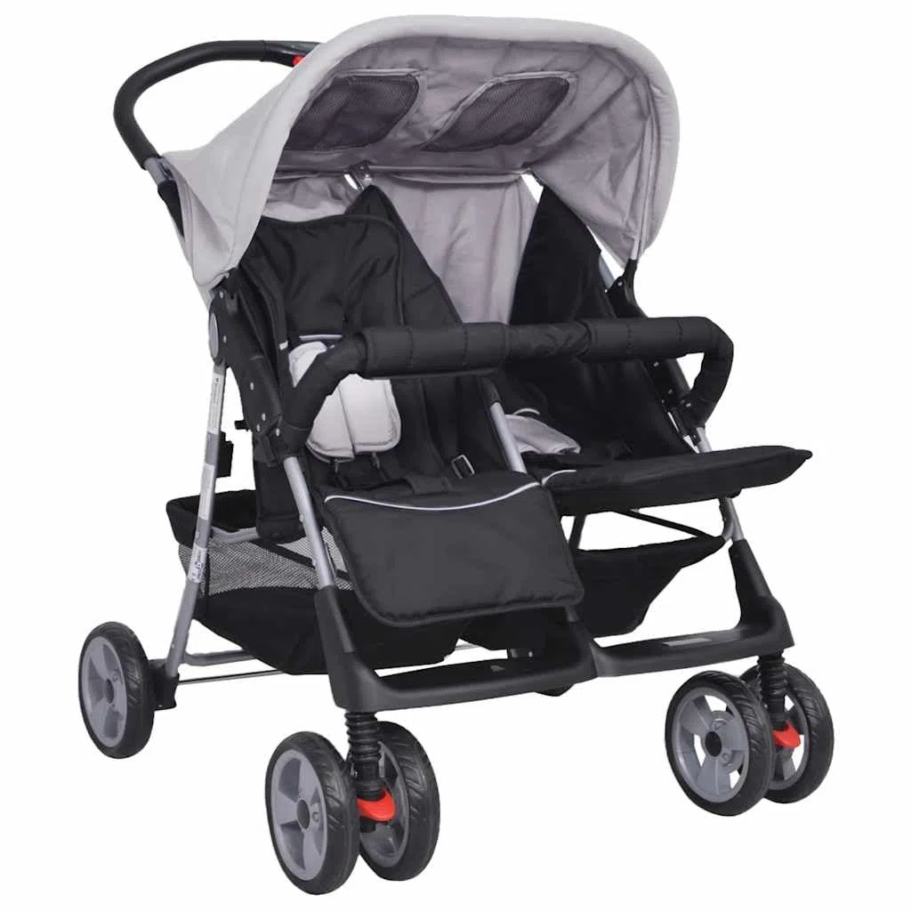 Carrito doble de acero gris y negro, plegable con función reclinable y capota, cochecito ligero para 1 – 2 niños de hasta 15 kg, maniobrable carro combinado para ciudad, paseo y compras