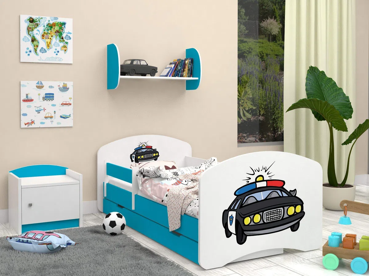 Happy Babies - CAMA PARA NIÑOS DE DOBLE CARA CON CAJÓN Diseño moderno con bordes seguros y colchón de espuma anticaída 7 cm Azul (54. La policía, 140x70)