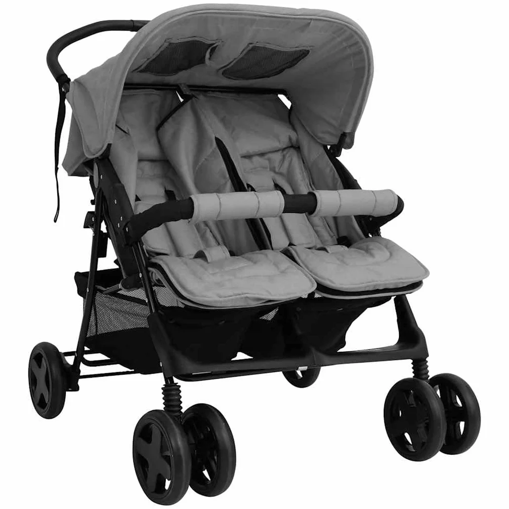 Cochecito gemelar de acero gris claro, plegable, ligero y compacto, para ciudad y viajes, con toldo y protección contra la lluvia, y niños pequeños de hasta 15 kg