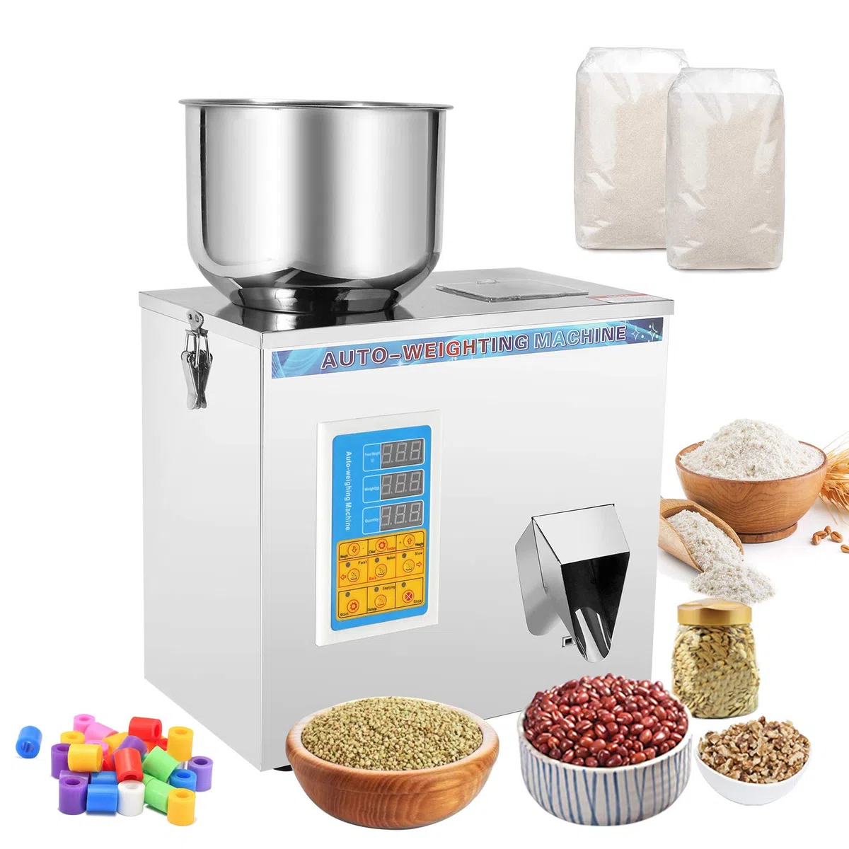 Máquina de llenado de polvo, llenadora automática de botellas y bolsas para té, semillas, granos y polvo, sistema de pesaje de partículas eficiente
