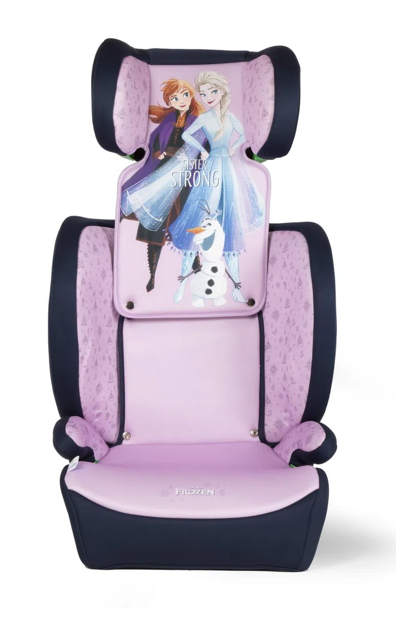 Silla De Coche Disney Frozen Con Accesorio ISOFIX Para La Seguridad De Las Niñas Con Una Altura De 100 A 150 Cm Con Gráficos De La Princesa Elsa, Anna Y El Lindo Olaf Sobre Un Fondo Morado